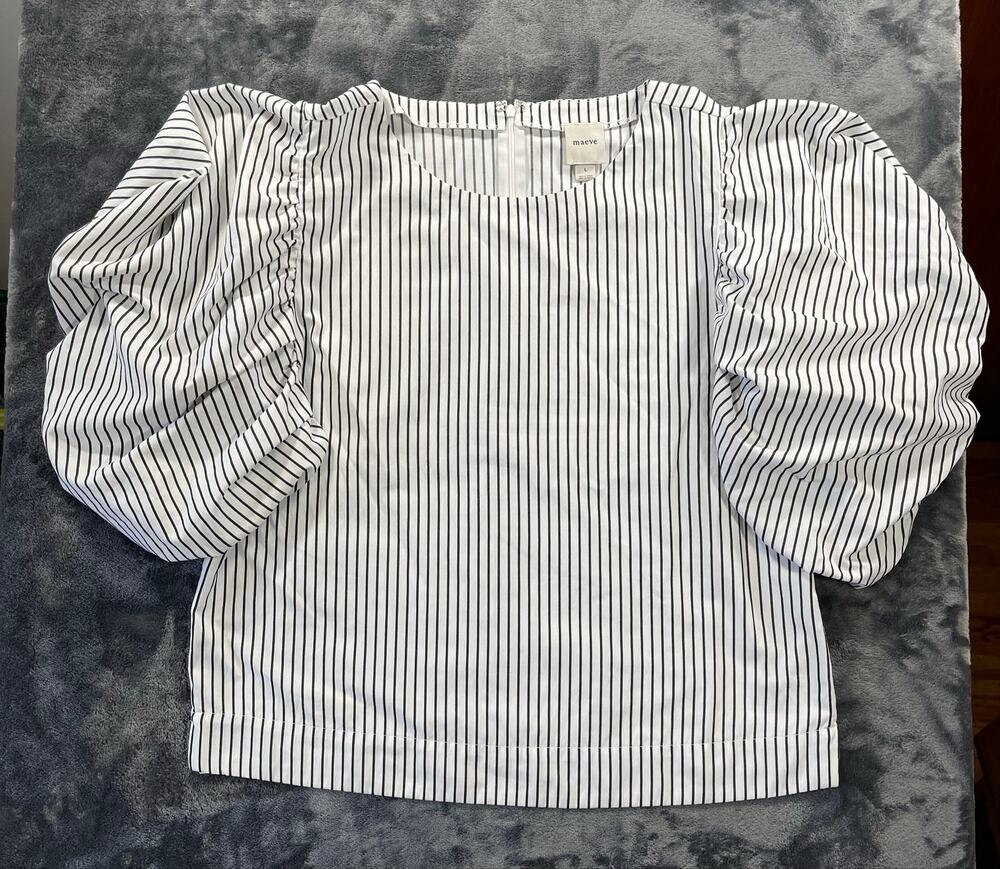 Maeve Anthropologie Striped Puff Sleeve Blouse Crew Neck Black White Large